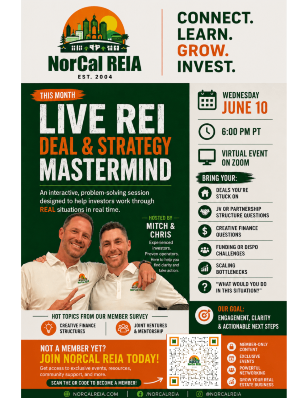 NorCal REIA June Monthly Meeting — Live REI Deal & Strategy Mastermind, Wednesday June 10 at 6PM PST on Zoom
